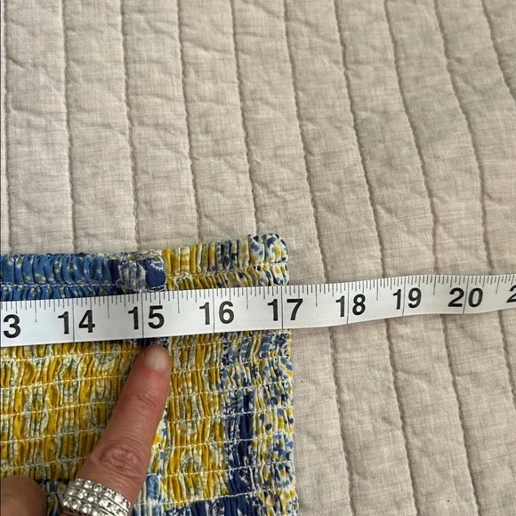 Natural life blue yellow boho floral patchwork smocked ruffle hem tops L XL - Picture 7 of 13